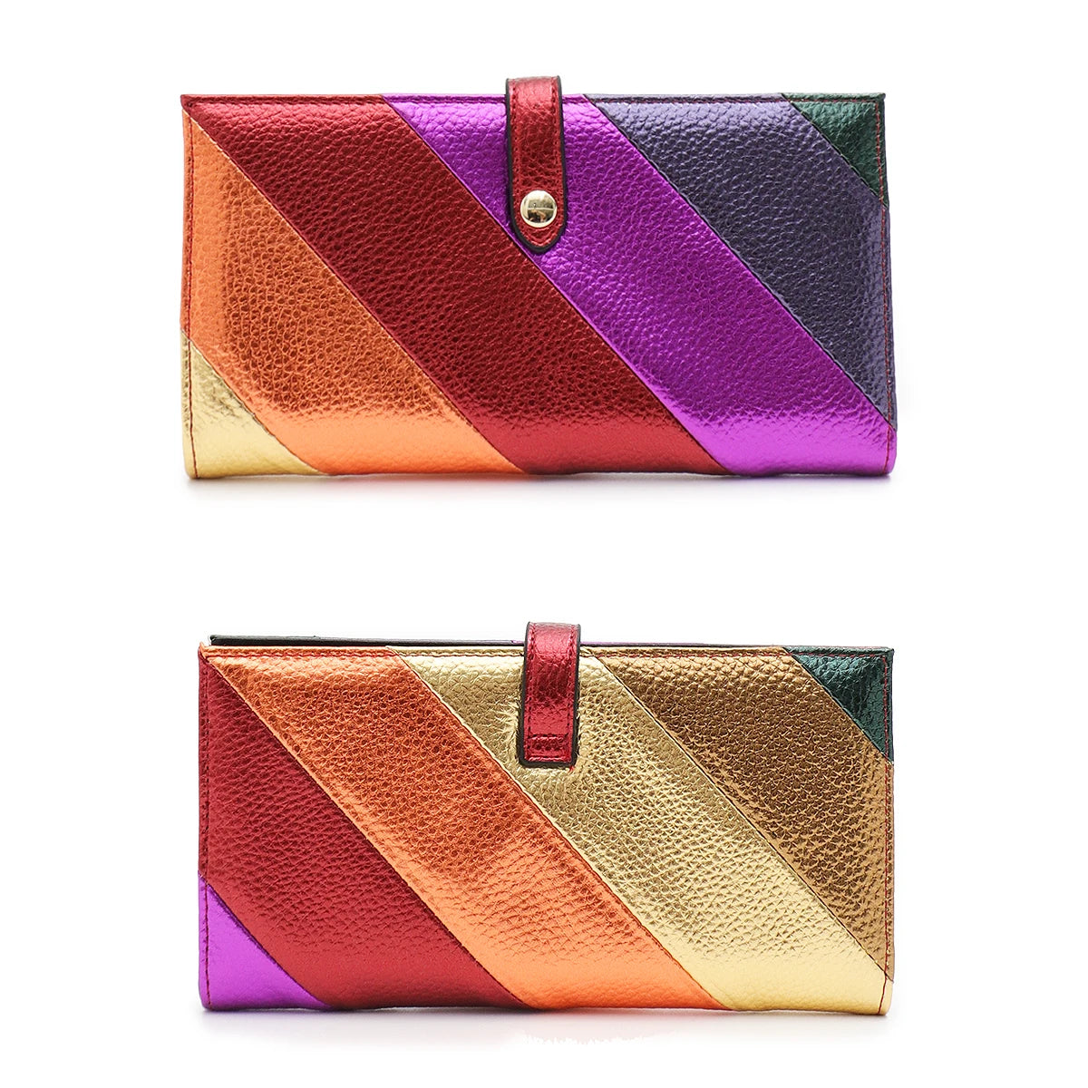 Women’s Fashion Metallic Vegan Leather Wallet | Multicolor Stripe Patchwork Long Purse | Bifold Standard Moneybag with Card Slots & Zipper Coin Pocket Luxegan