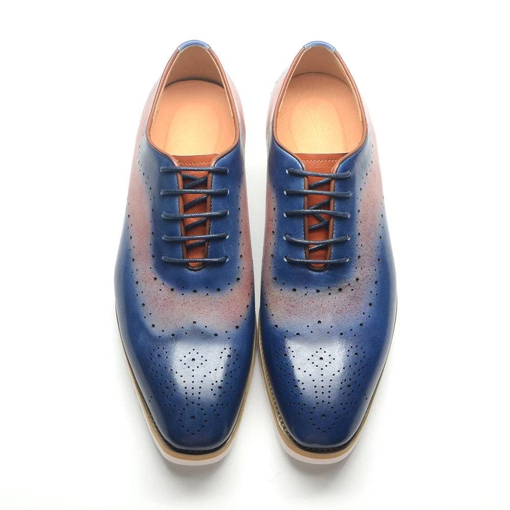 Luxury Men's Duotone Plain Toe Oxfords | Real Leather Wingtip Brogue Casual Dress Shoes (Height Increasing) Luxegan