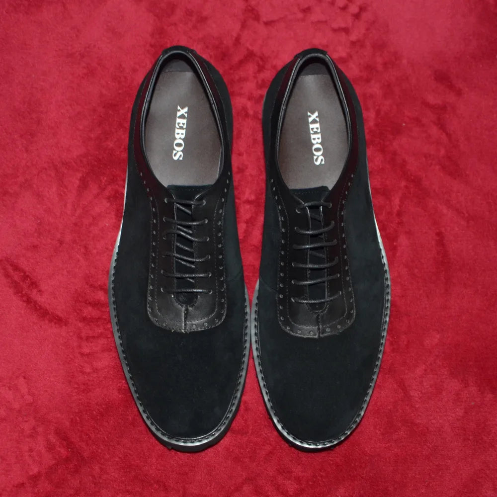 Designer Luxury Platform Oxfords for Men | Cow Suede Genuine Leather Black & Blue Casual Sneakers (Height Increasing) Luxegan