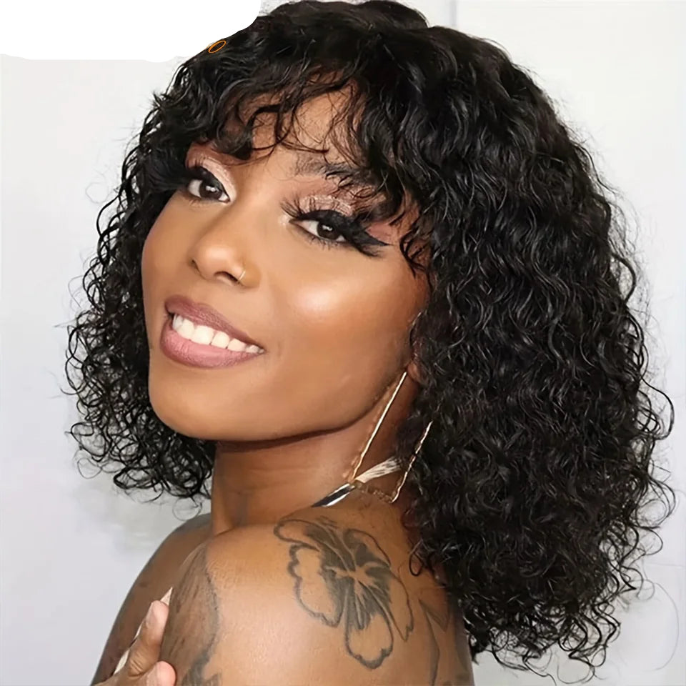Jerry Curly Short Bob Human Hair Wig with Bangs | Glueless Highlight Honey Water Wave Blonde Wig for Women (Ready-to-Go) Luxegan