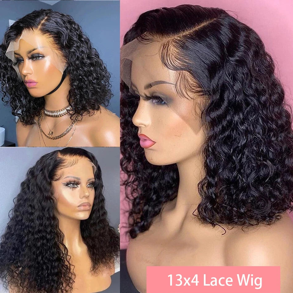 200% Density Short Curly Bob Wigs 13x4 Lace Front 4x4 Closure Deep Wave Brazilian Remy Human Hair 14 Inch