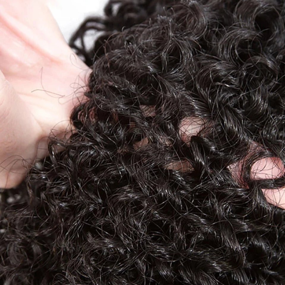 Kinky Curly Brazilian Remy Hair Bundles + HD Lace Closure | 13x4 / 13x6 Jerry Curl Weave Luxegan