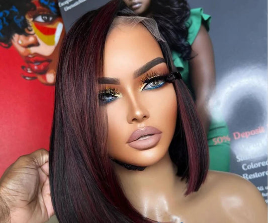 Burgundy Highlight Straight Bob Wig | 5.5x4.5 PU Silk Top Lace Closure Brazilian Human Hair (Glueless, Side Part) Luxegan