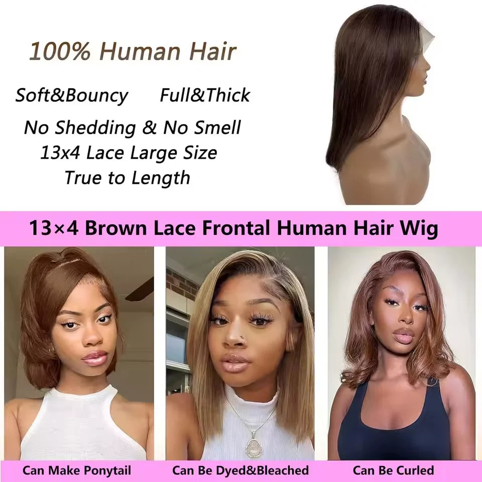 #4 Chocolate Brown Straight Bob Wig | Sophisticated 200% Density HD Transparent Lace Frontal | Elegant "Short Bob" Silhouette | "Dignified" Pre-Plucked Brazilian Remy Human Hair for Radiant Versatile Styling Luxegan