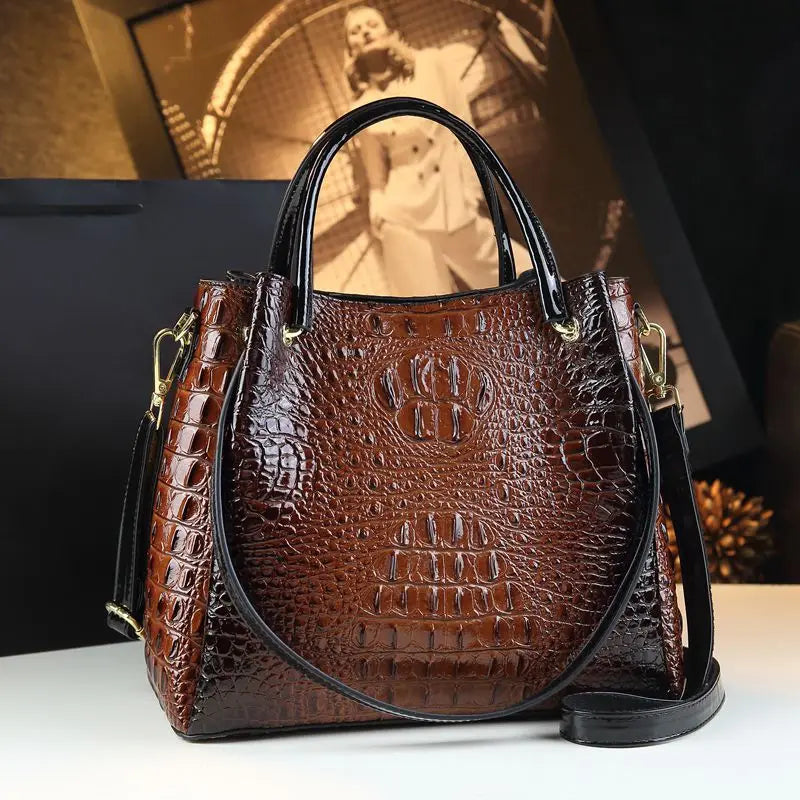 Genuine Leather Crocodile Print Bucket Bag | Vintage Tote & Messenger Luxegan