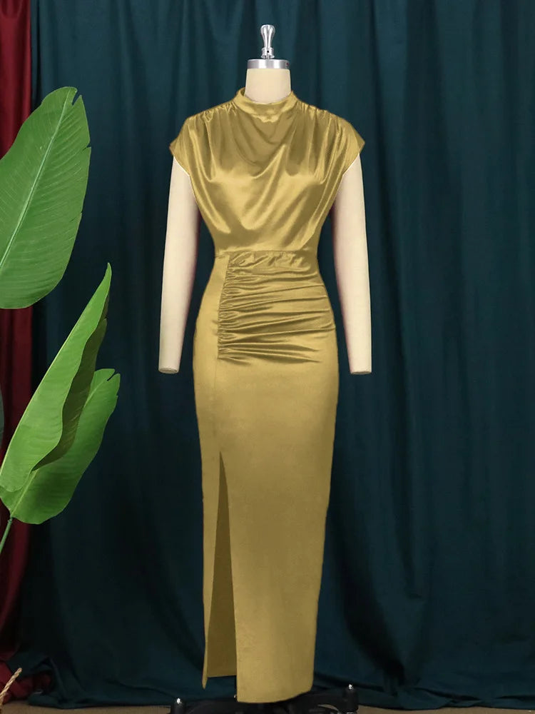 Satin Turtleneck Bodycon Dress – Cap Sleeve, Fold Detail, Ankle-Length, Empire Waist Luxegan