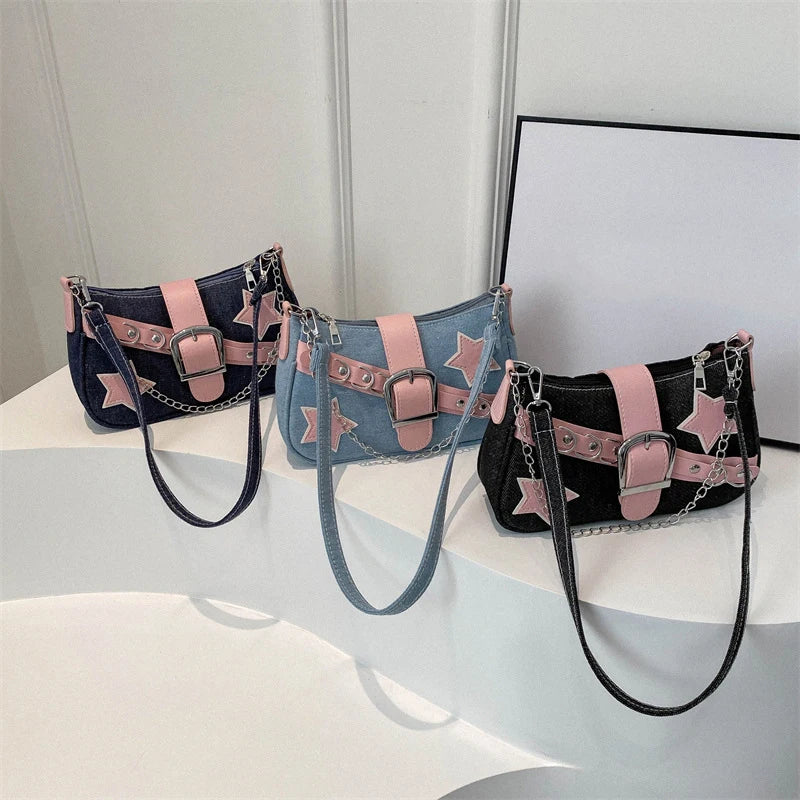 Fashion Women's Handbags Denim Stars Pattern | Cool Girls Underarm Bag Female Small Shoulder Hobo Bags Chain Tote Bag Luxegan