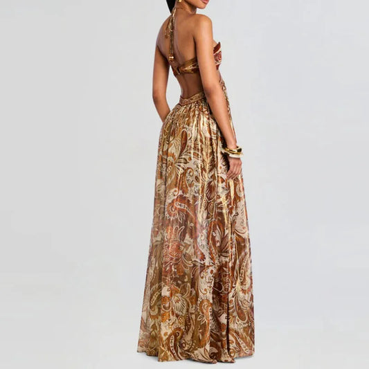 Vintage Print Bohe Beach Dress | Elegant Backless Lace-Up Party Gown | Sexy Halter Sleeveless Pleat Long Dress | Premium Tatting Slight Stretch Regular Fit A-Line Dress Luxegan