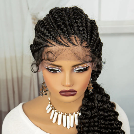28" Colored Cornrow Braids Wig with Curly Ends | Lace Front | Baby Hair Luxegan