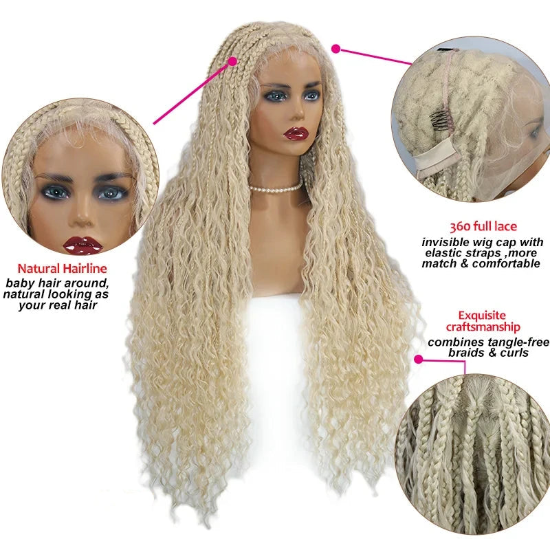 360 Synthetic Lace Front Box Braids Wig Bohemian Goddess Locs Braided Wig With Baby Hair Full Lace Braided Wigs Women Ombre Wig Luxegan