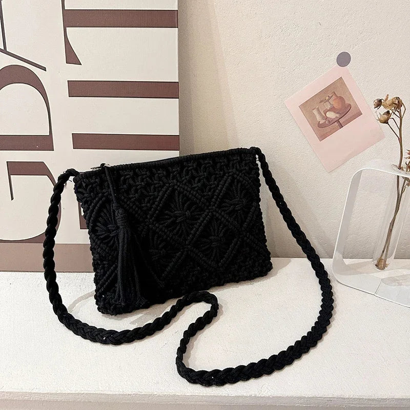 Designer Hollow Out Woven Straw Bag | Fashion Bohemian Summer Crossbody & Shoulder Bag with Tassels Luxegan