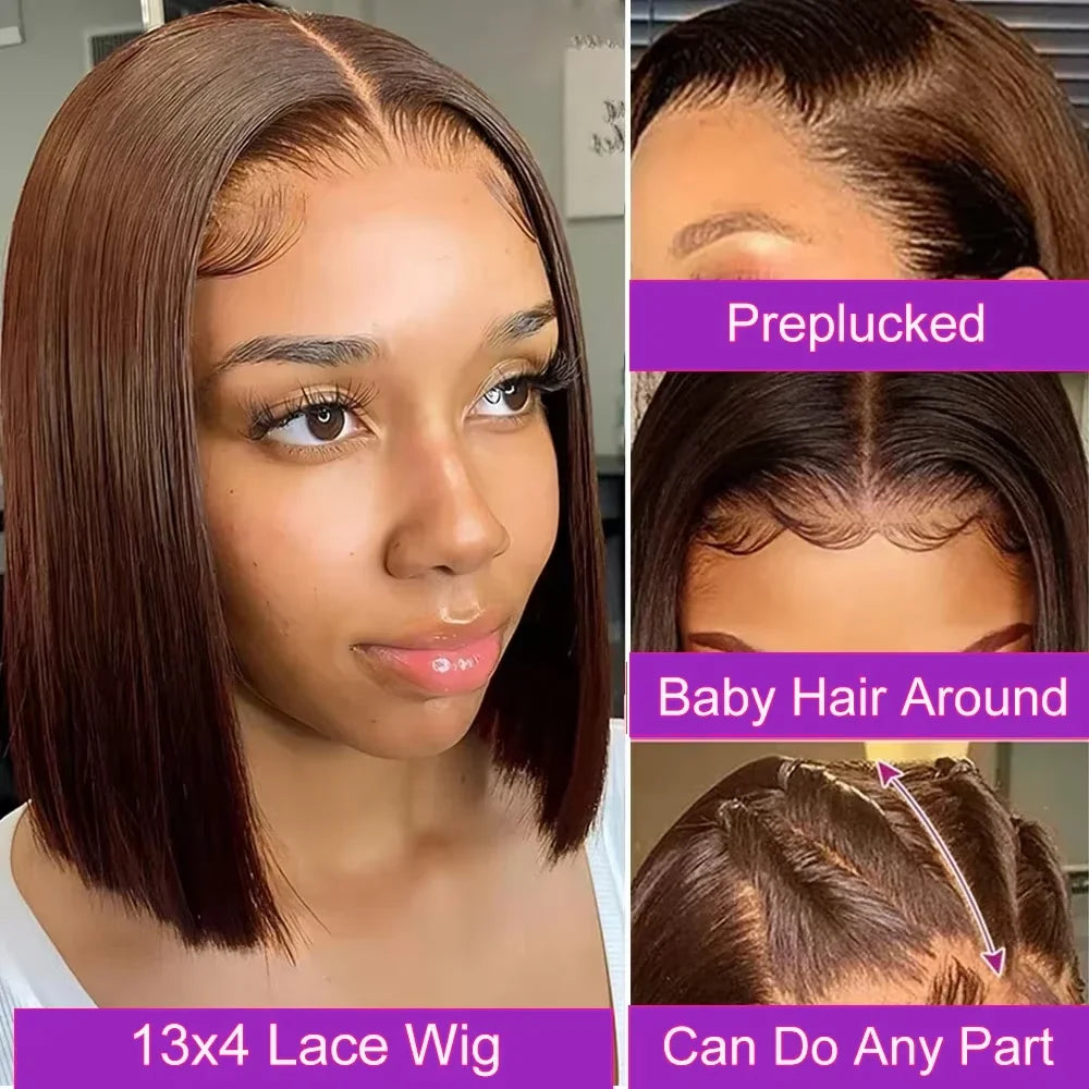 16-Inch Chocolate Brown Straight Bob Wig | Sophisticated 13x4 & 4x4 HD Transparent Lace | Elegant "Short Bob" Silhouette | "Dignified" Pre-Plucked Vietnamese Remy Human Hair for Radiant Versatile Styling Luxegan