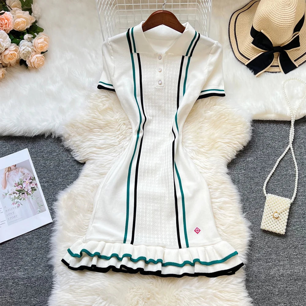 Ruffled Knit Puff-Sleeve Mini Dress | Solid Turn-Down Collar Bodycon | Elegant Autumn Medium-Stretch Streetwear Sheath Luxegan