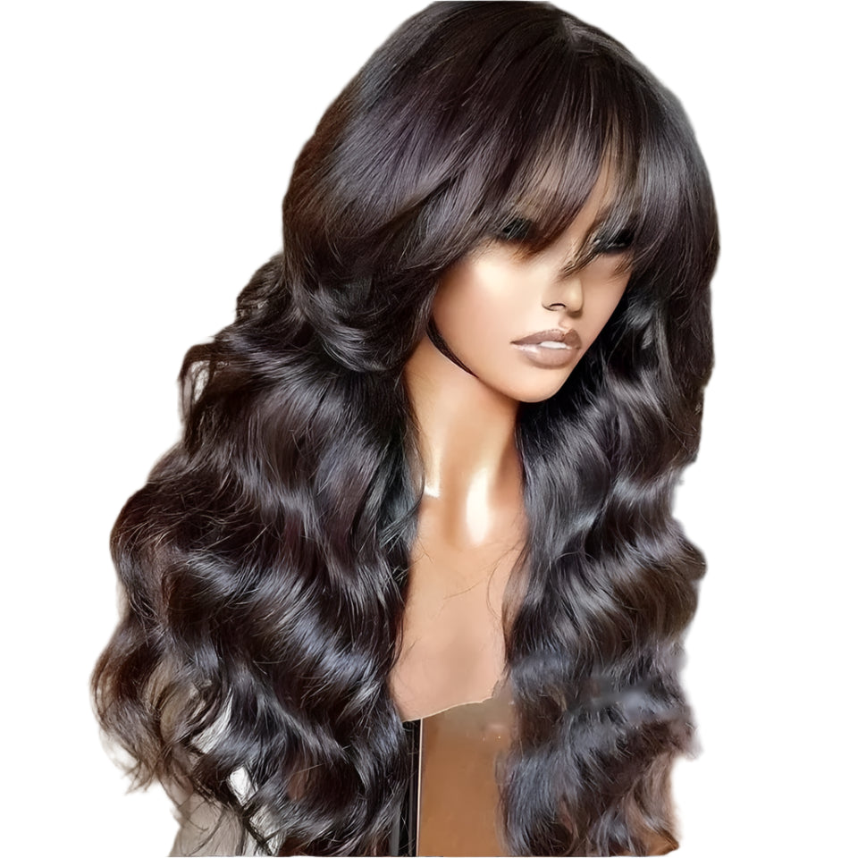 Natural Color 24" Body Wave Wig with Bangs | 180% Density Remy Human Hair Middle Part Lace Luxegan