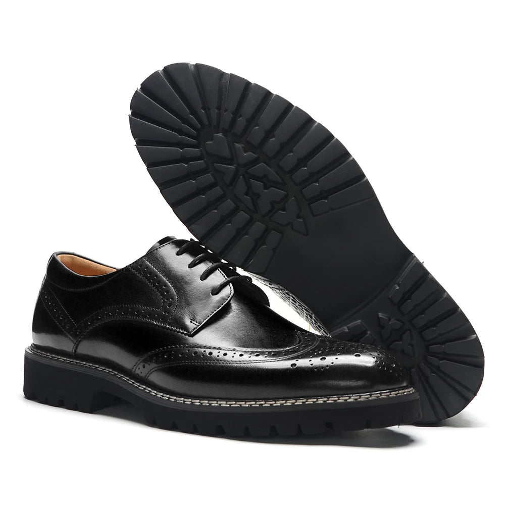 Handsome Men's Luxury Genuine Leather Sneakers | Wingtip Brogue Casual Oxfords (Height Increasing, Waterproof) Luxegan