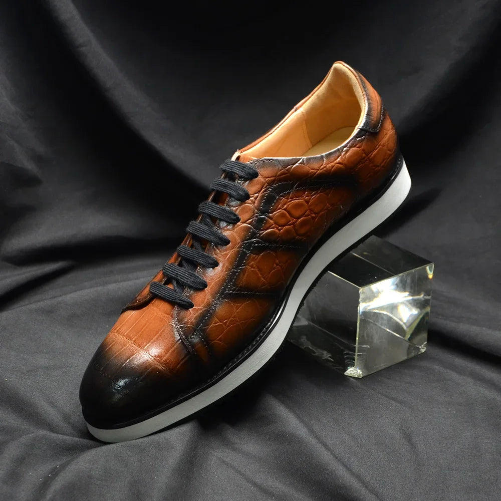 Men's Fashion Casual Sneakers | Genuine Cowhide Leather Crocodile Pattern Skateboard Shoes (Lace-up, Non-slip) Luxegan