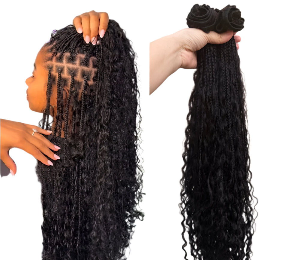 Boho Box Braids Crochet Human Hair Extensions | Curly Weave Bundles | Brazilian Hair | Natural Black | For Braiding & Styling Luxegan
