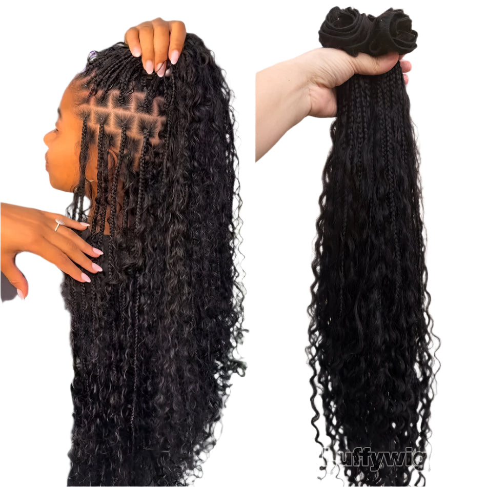 Boho Box Braids Crochet Human Hair Extensions | Curly Weave Bundles | Brazilian Hair | Natural Black | For Braiding & Styling Luxegan