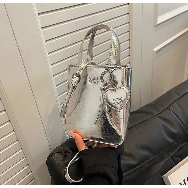 New Trend Korean PU Leather Shoulder Bag | Sophisticated Silver Mini Small Square Bag | Elegant High-Quality Crossbody Handbag | "Dignified" Metallic Fashion Purse for High-Street Styling Luxegan