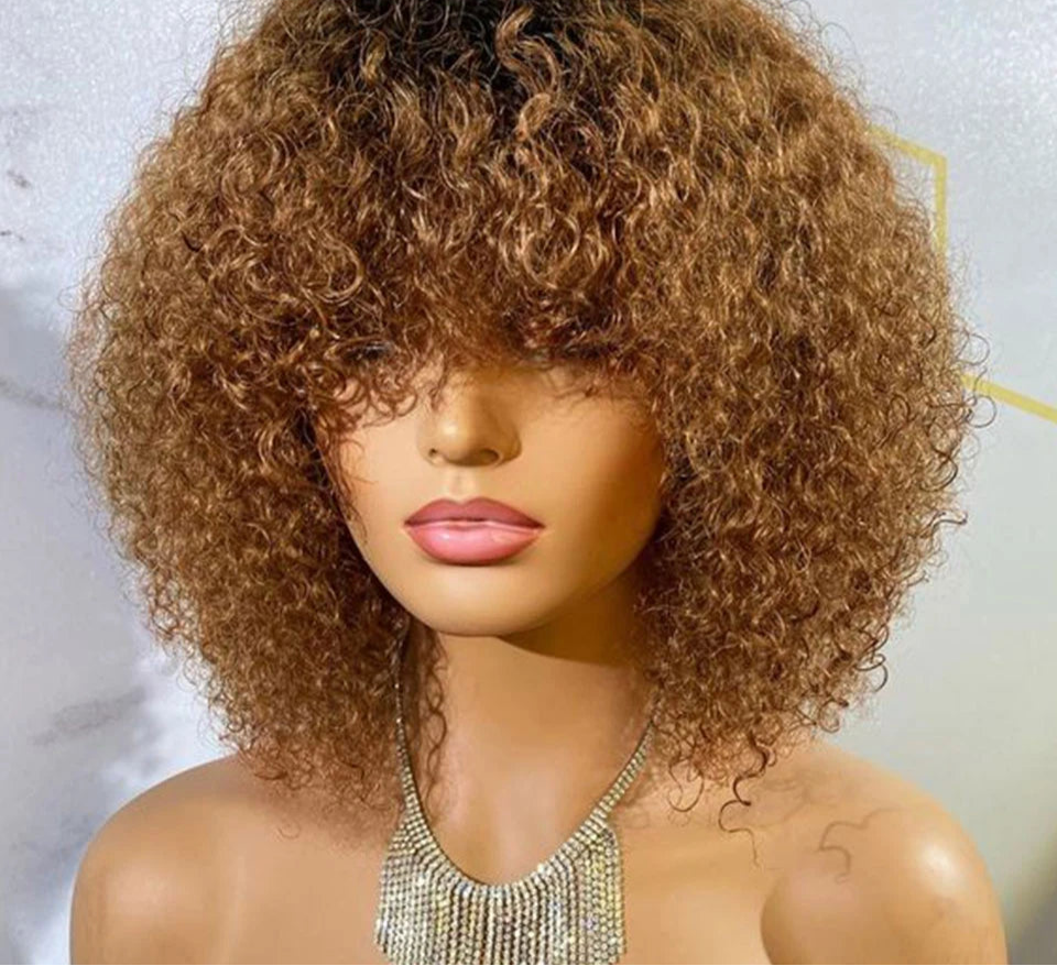 Brazilian Jerry Curly Human Hair Bob Wig with Bangs | Natural Highlight Honey Water Wave Kinky Curly Wigs for Women Luxegan