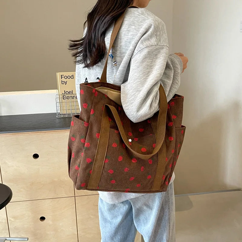 Corduroy Fruit Print Handbag | Sweet Girl Zippered Underarm Bag Luxegan