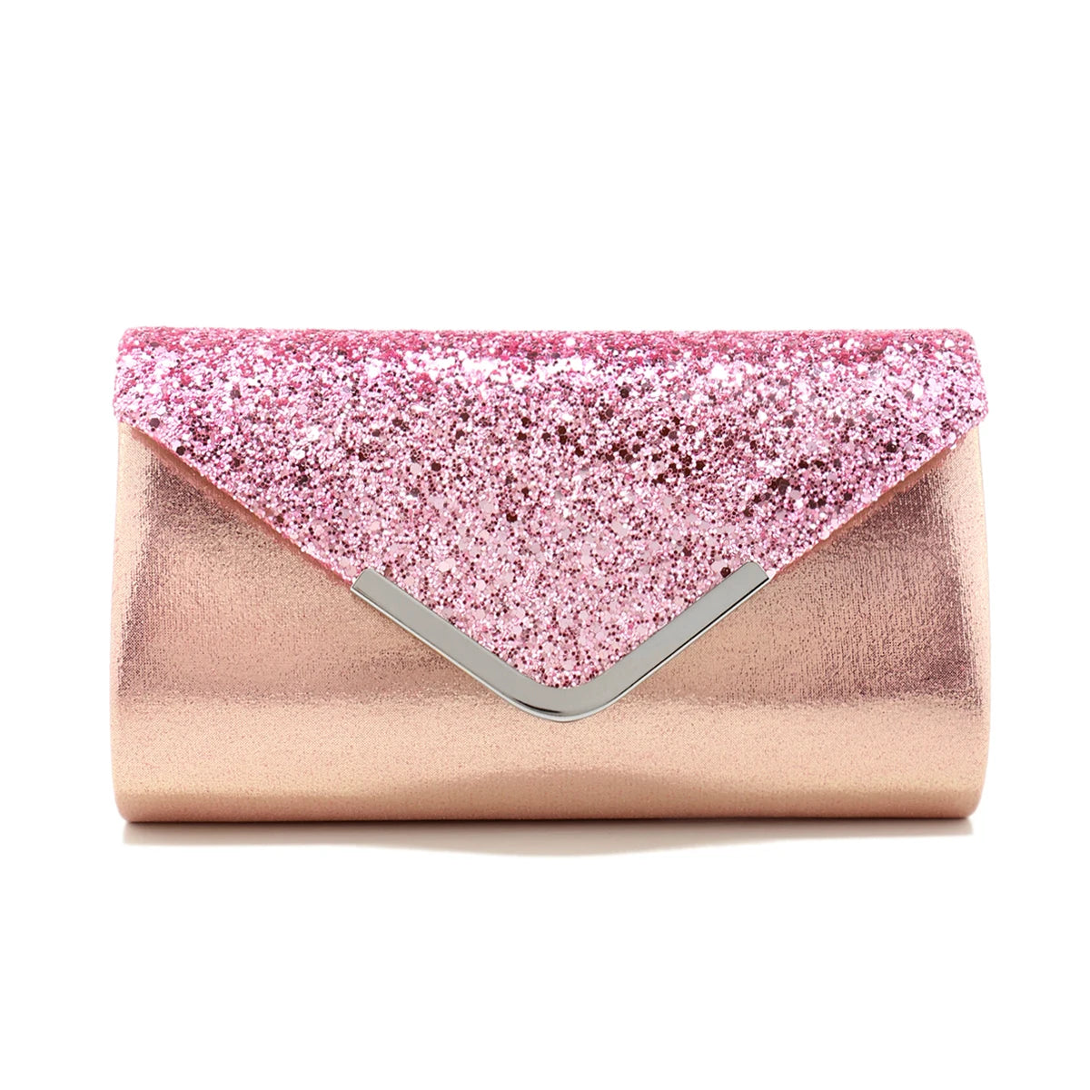 Sequined Envelope Clutch | Hard Silver V Design Metal Chain Evening Bag Luxegan