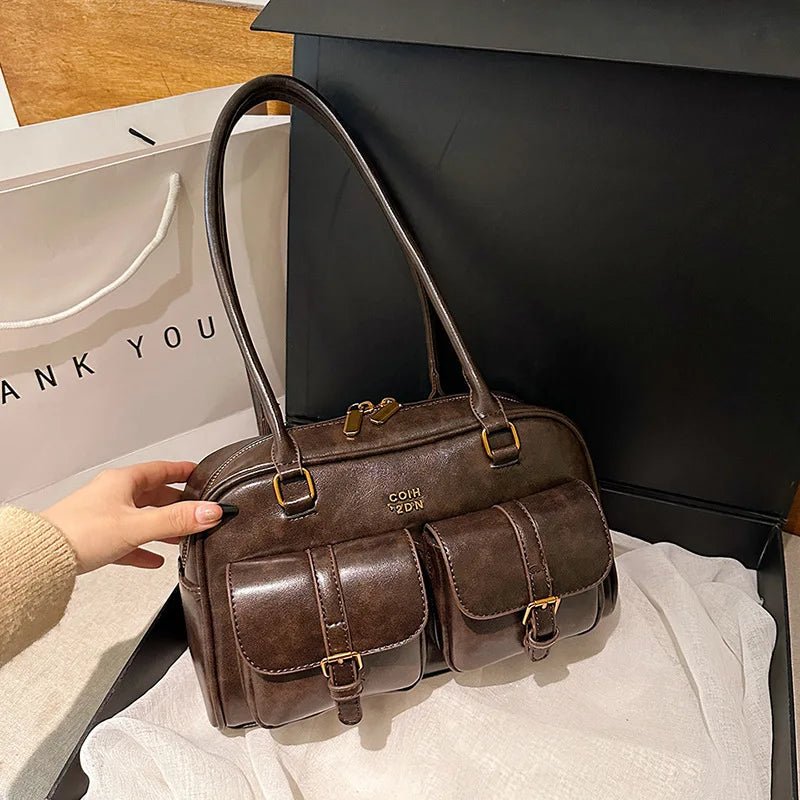 Women’s Coffee Brown Multi-Pocket Handbag | Stylish Versatile Letter Crossbody Purse | Vintage PU Leather Shoulder Bag with Sequined Detail | Large Capacity Daily Tote for Travel & Work Luxegan