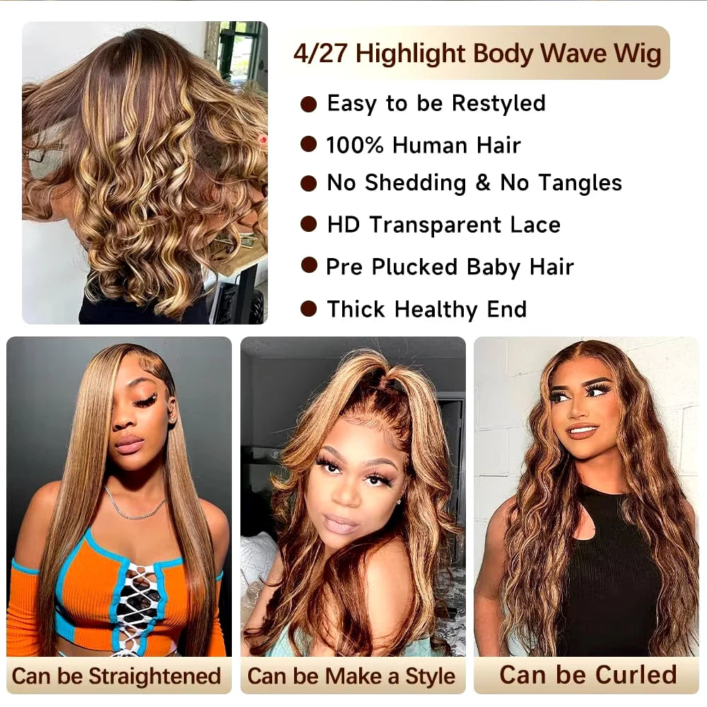 Highlight Ombre 4/27 Lace Front Wig | Honey Blonde Body Wave | Pre-Plucked Baby Hair | HD Lace | 200% Density - Luxegan