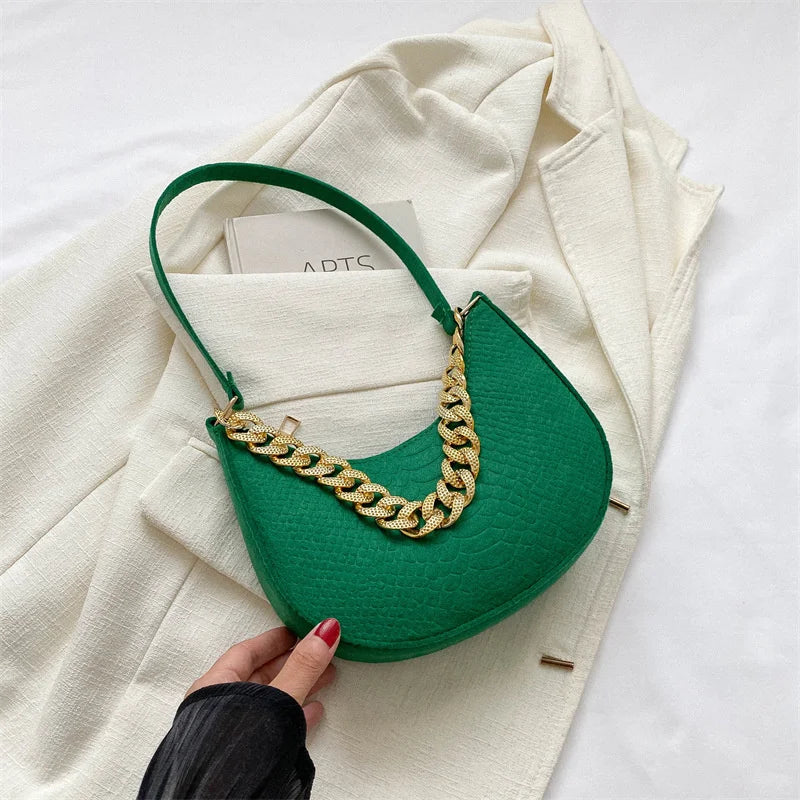 Fashion Women's Felt Handbag | Imitation Metal Chain Underarm Bag (Retro Ladies Solid Color Shoulder Bag, Trendy Casual Clutch Purse) Luxegan
