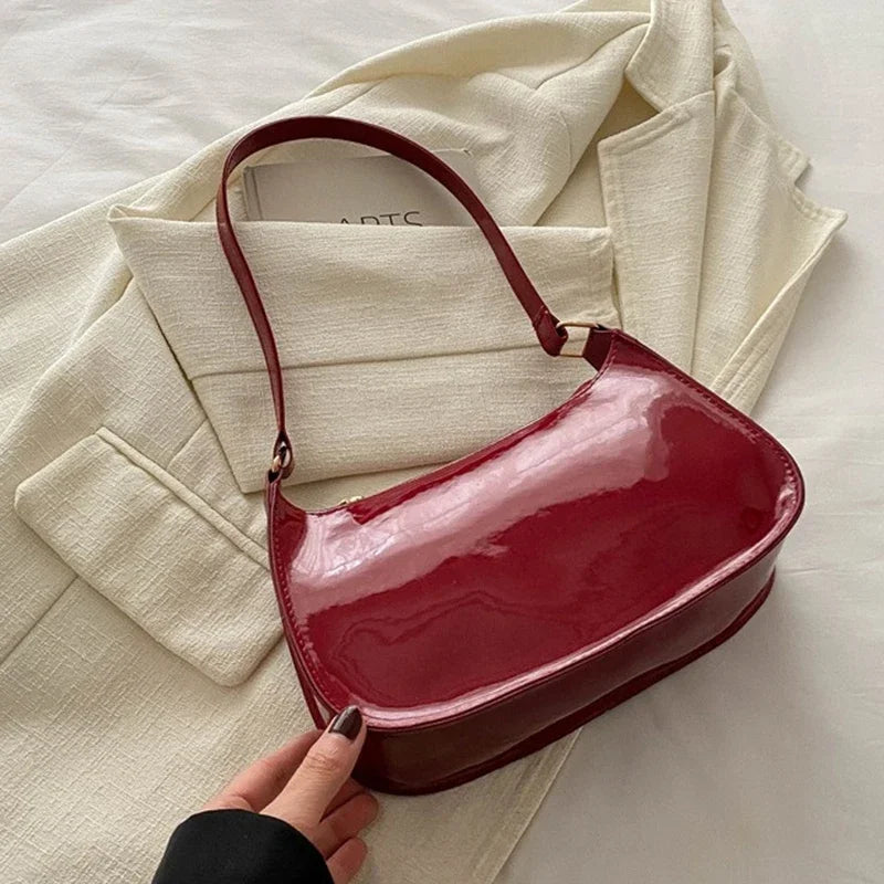 Retro Solid Color PU Shoulder Underarm Bag | Women Fashion Patent Leather Handbag | Casual Hobos Purses And Handbag Ladies Hand Bags Luxegan