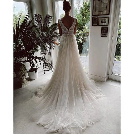 Vestidos de novia bohemios personalizados, cuello en V, apliques de encaje, tul marfil, elegantes vestidos de fiesta, corte A, novia, Boho Vestidos De Novia