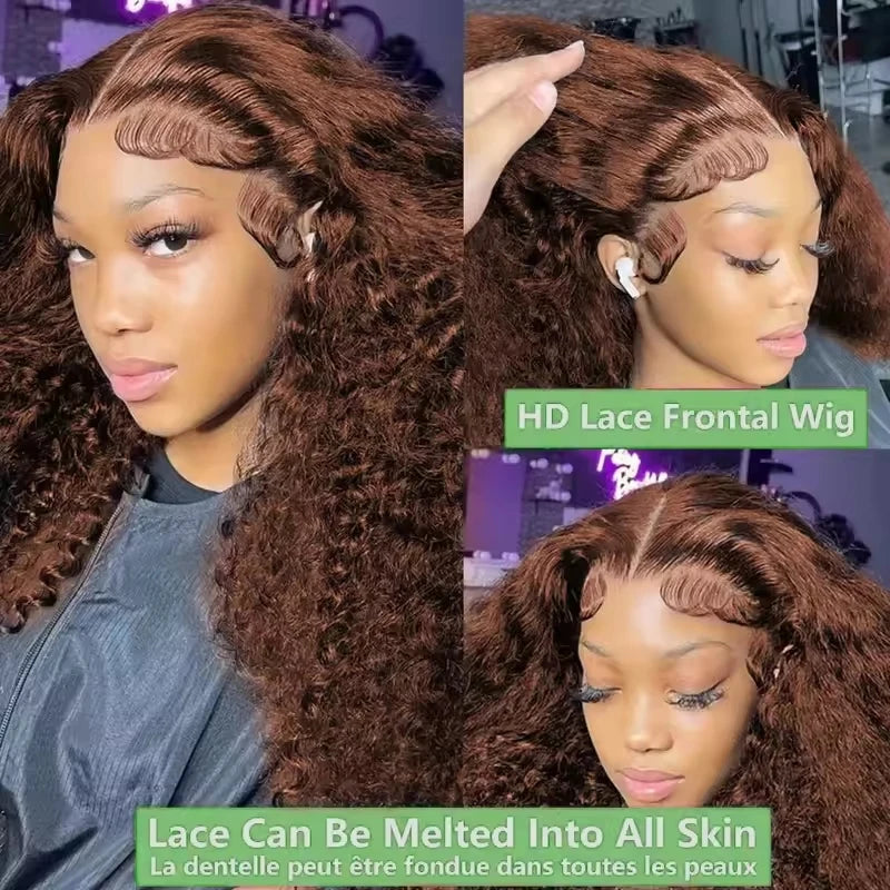 34 & 30-Inch Chocolate Brown Deep Wave Wig | Sophisticated 13x4 HD Transparent Lace | Elegant "#4 Colored" Brazilian Virgin Hair | "Dignified" Pre-Plucked Curly Frontal for Radiant Versatile Styling Luxegan