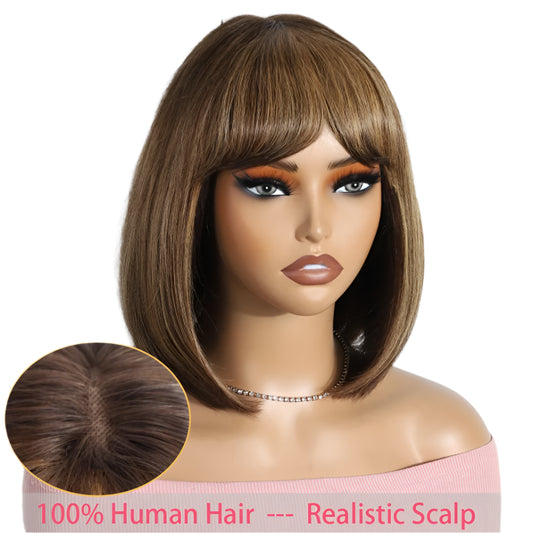 Ombre #4/27 Straight Bob Wig with Bangs | Human Hair Lace Top Luxegan