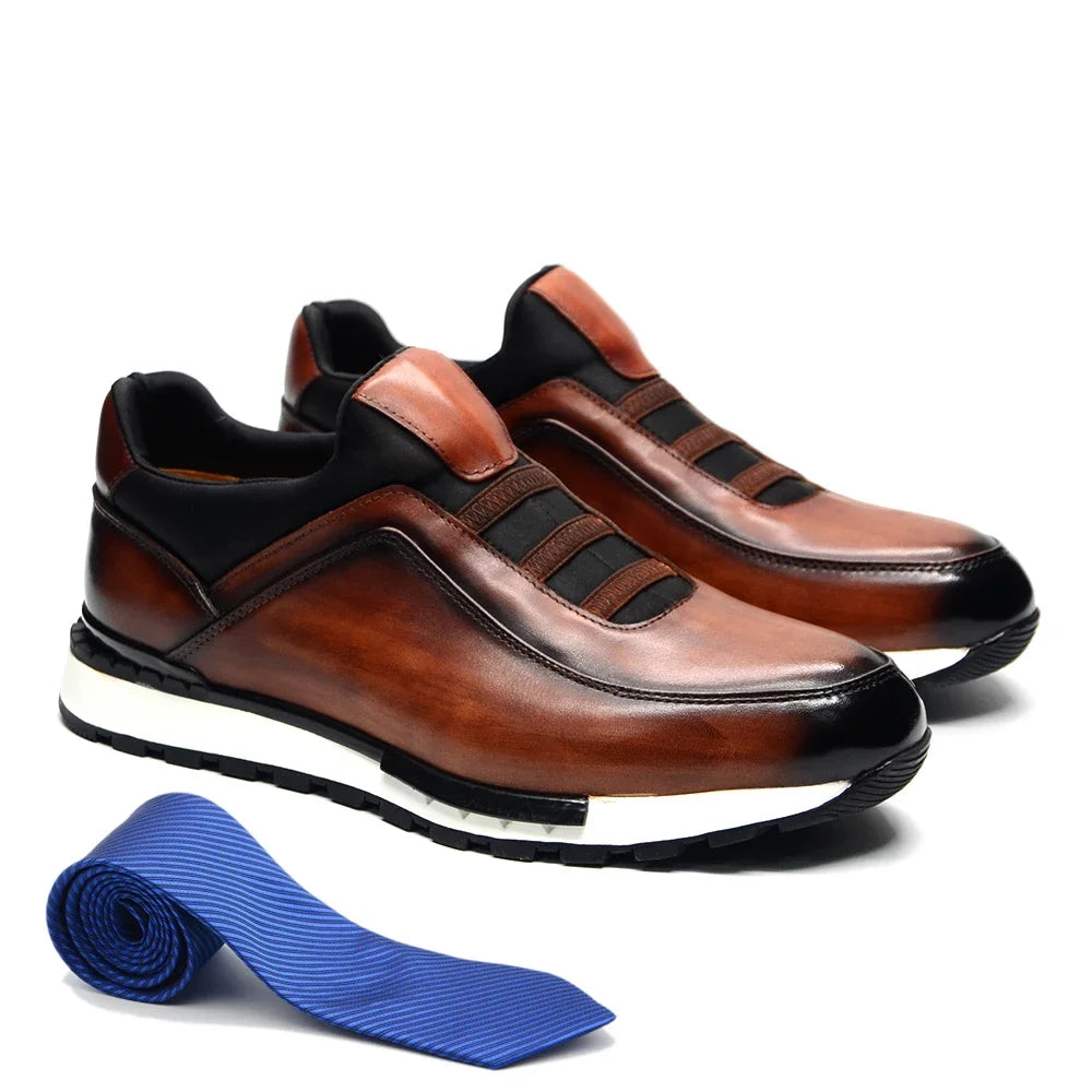 Classic Brand Design Men's Sneakers | Sophisticated Genuine Cow Leather Loafers | Elegant "Handmade Color Block" Silhouette | "Dignified" Breathable Slip-On Shoes for Radiant Versatile Styling Luxegan