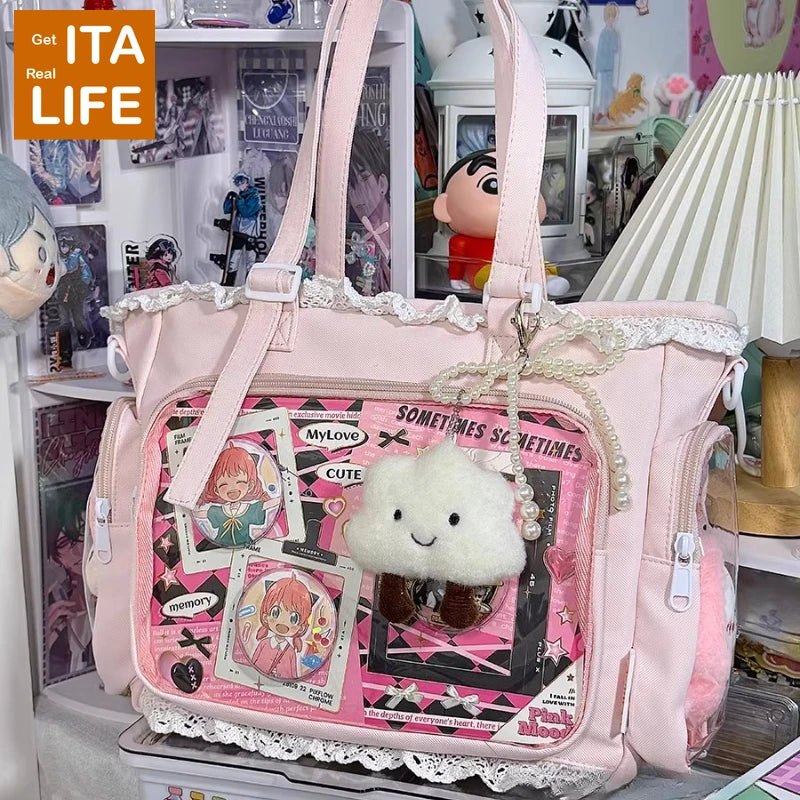 Italife New Women Cute Lace Ita Bag with Pearl Bow | Kawaii Large Tote with Insert for Pin Display | Comic Con Big Handbag Luxegan