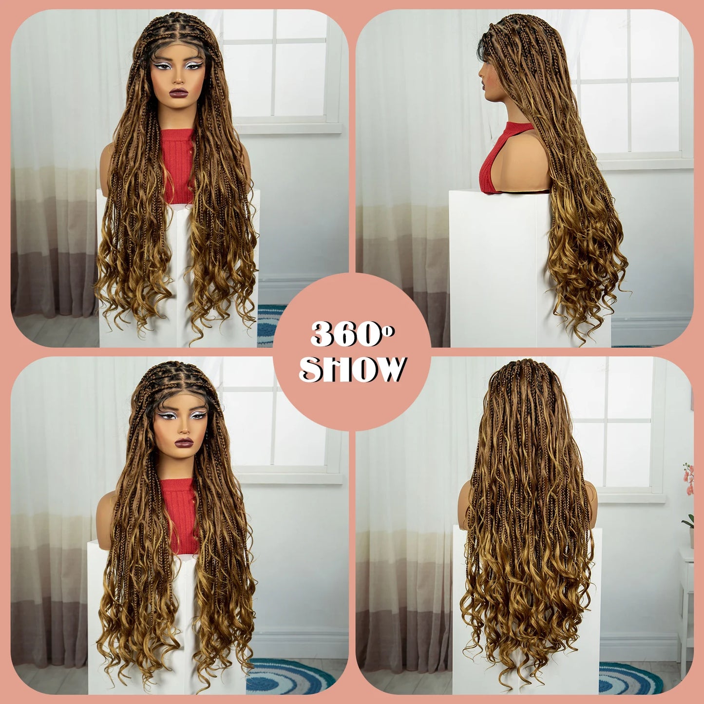 34" Boho Knotless Box Braids Wig | HD Full Lace | Ombre Braided Wig | Baby Hair | Synthetic Hair | Black Women