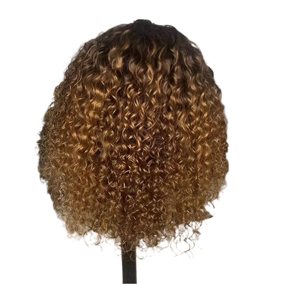 Highlight Honey Blonde Jerry Curly Pixie Bob Wig with Bangs | Full Machine Made Human Hair Luxegan