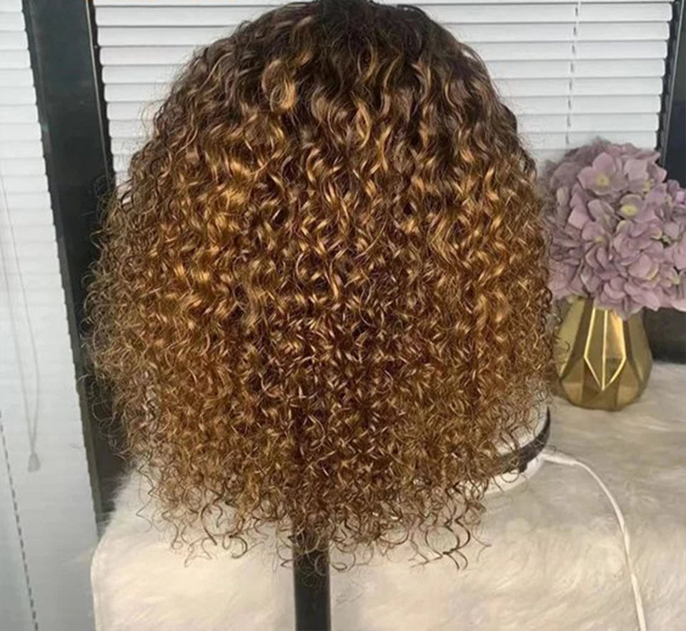 Brazilian Jerry Curly Human Hair Bob Wig with Bangs | Natural Highlight Honey Water Wave Kinky Curly Wigs for Women Luxegan