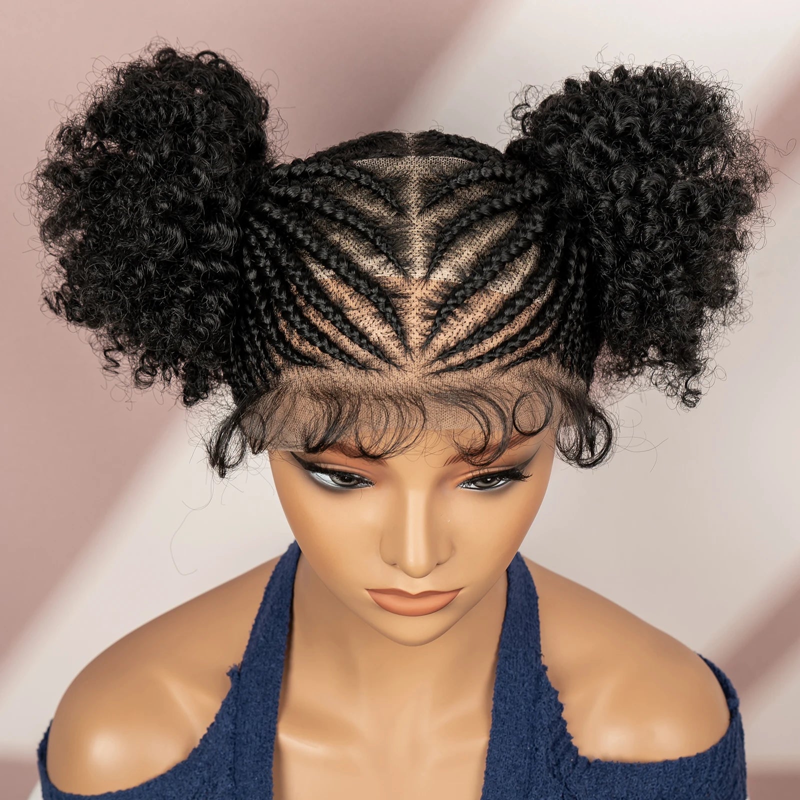 6" Short Afro Curly Wig | Twin Buns | 360 Lace | Cornrows | For Black Women