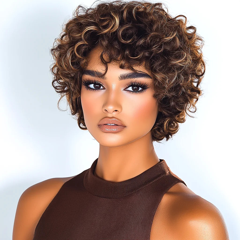 Brown Pixie Cut Wig | Short Water Wave Wig | Brazilian Remy Human Hair | Ready to Wear
