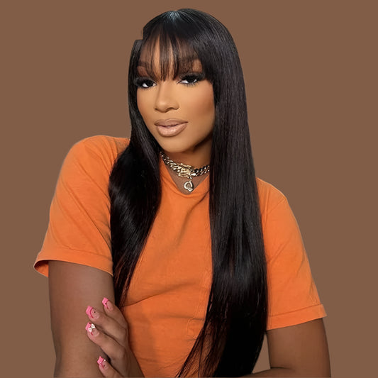 Long Straight Wig with Bangs | 30-32 Inch Brazilian Remy Hair | Middle Part Wig for Black Women