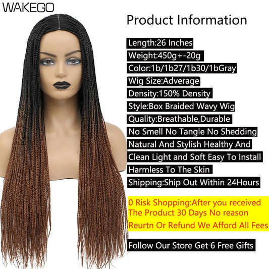 Wakego 26 Inch Ombre Box Braided Wigs For Black Women Braided Wig Fake Scalp Heat Resistant Braiding Hair Wig Peruca Sintetica Luxegan