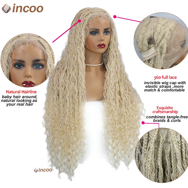 613 Blonde Boho Box Braids Wig | Curly Ends | Full Lace Front | Goddess Locs Accents Luxegan
