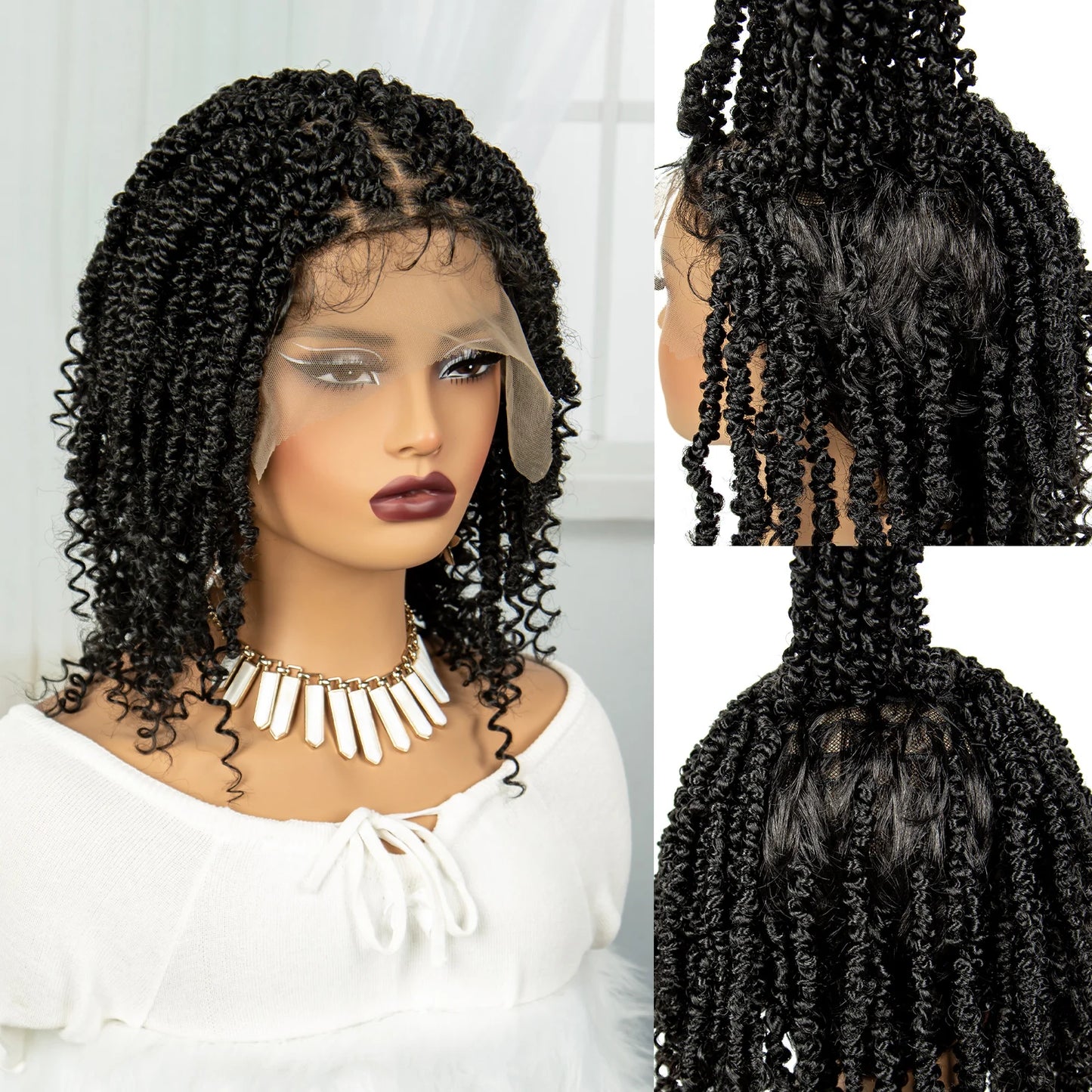 Short Knotless Box Braids Wig with Curly Ends | Handmade Lace Front Bob Luxegan