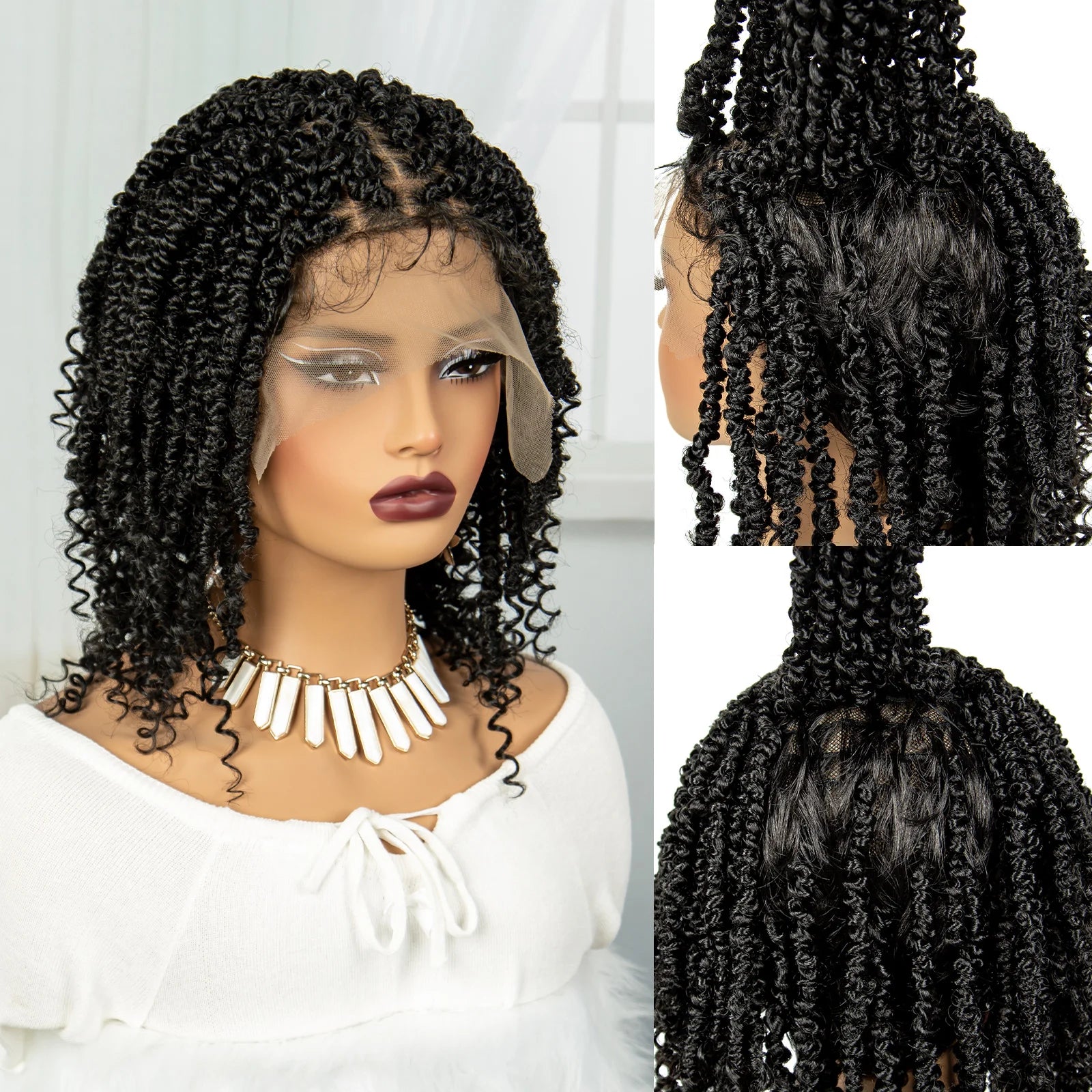Short Knotless Box Braids Wig with Curly Ends | Handmade Lace Front Bob Luxegan