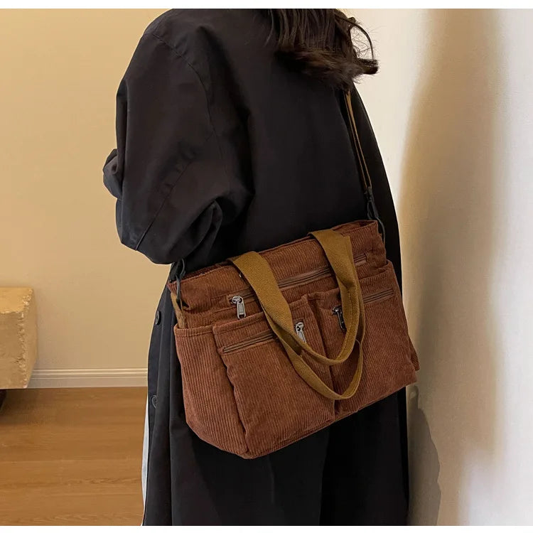 Female Large Capacity Corduroy Tote Bag | New Korean Style Fashion Women's Shoulder Crossbody Bag (Worker Commuter Handlebag)