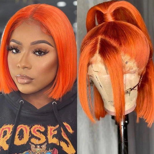 Ombre Orange Blonde Bob Wig | Straight Human Hair Lace Front Luxegan