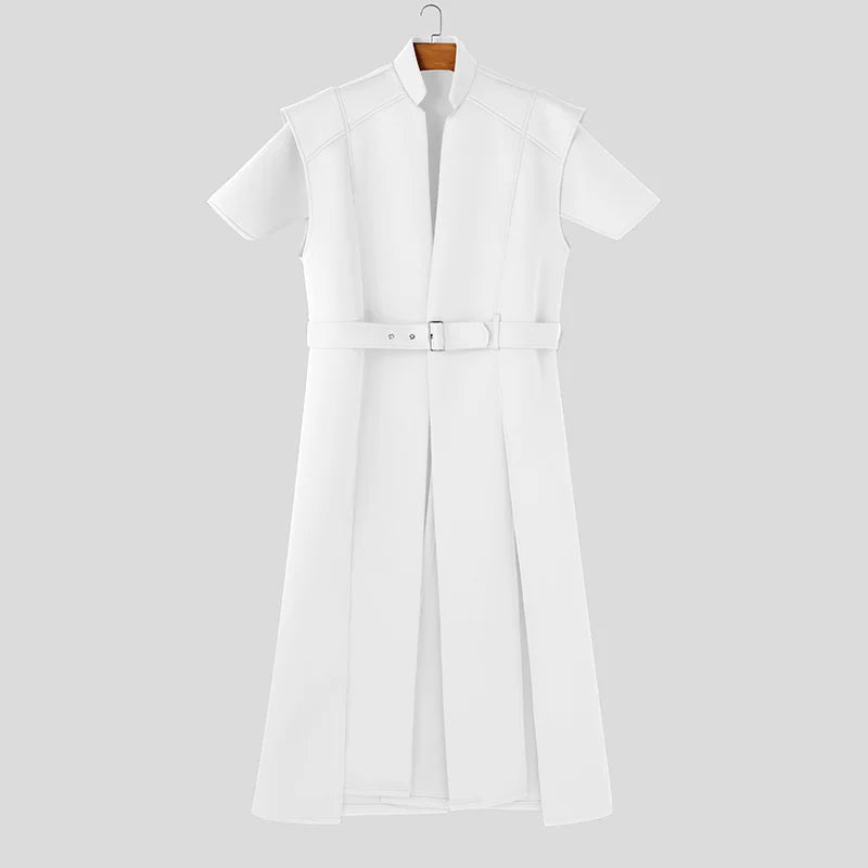 Long Silhouette Short-Sleeved Cardigan | Sophisticated Stand Collar Shirt | Elegant "Loose Fit" Summer Blouse | "Dignified" Open Stitch Solid Top for Radiant Versatile Styling Luxegan