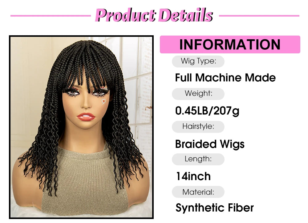 Short 14" Bob Braided Wig | Curly Knotless Box Braids | Synthetic Machine Made Wig | For Black Women - Luxegan