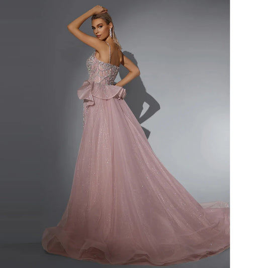 Luxury Beaded Mermaid Evening Dress with Detachable Overlay | Spaghetti-Strap Sweetheart Prom Gown | Crystal Sequined Floor-Length Formal Wedding Party Dress Luxegan